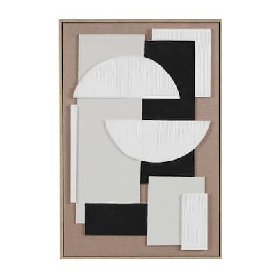 Wooden Geometric Textured Living Room Wall Decor with Abstract Black and White Shapes - Brown - Roche River Decor