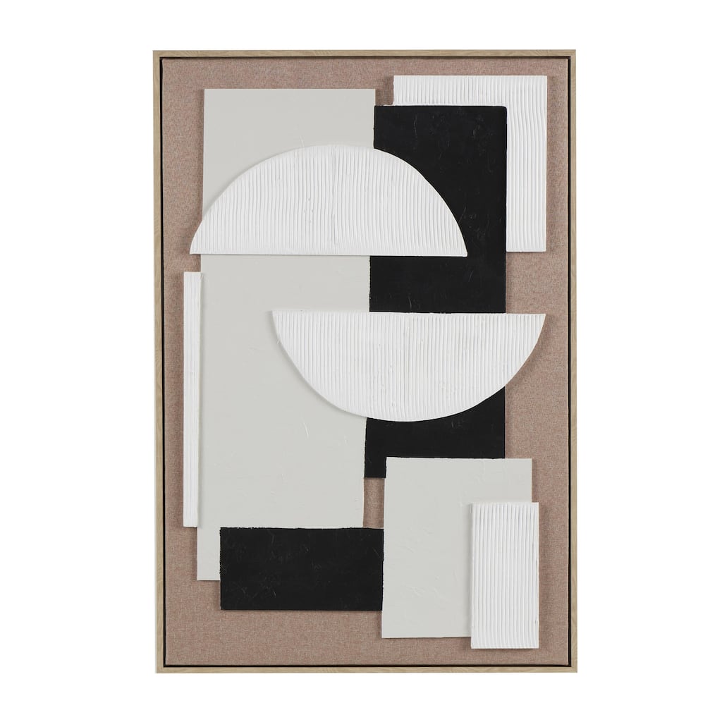 Wooden Geometric Textured Living Room Wall Decor with Abstract Black and White Shapes - Brown - Roche River Decor