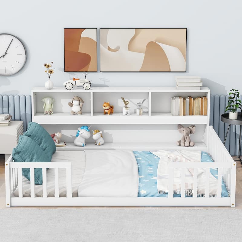 Full Size Floor Bed with Built-in Bookcase, Shelves, and Guardrails in White - White