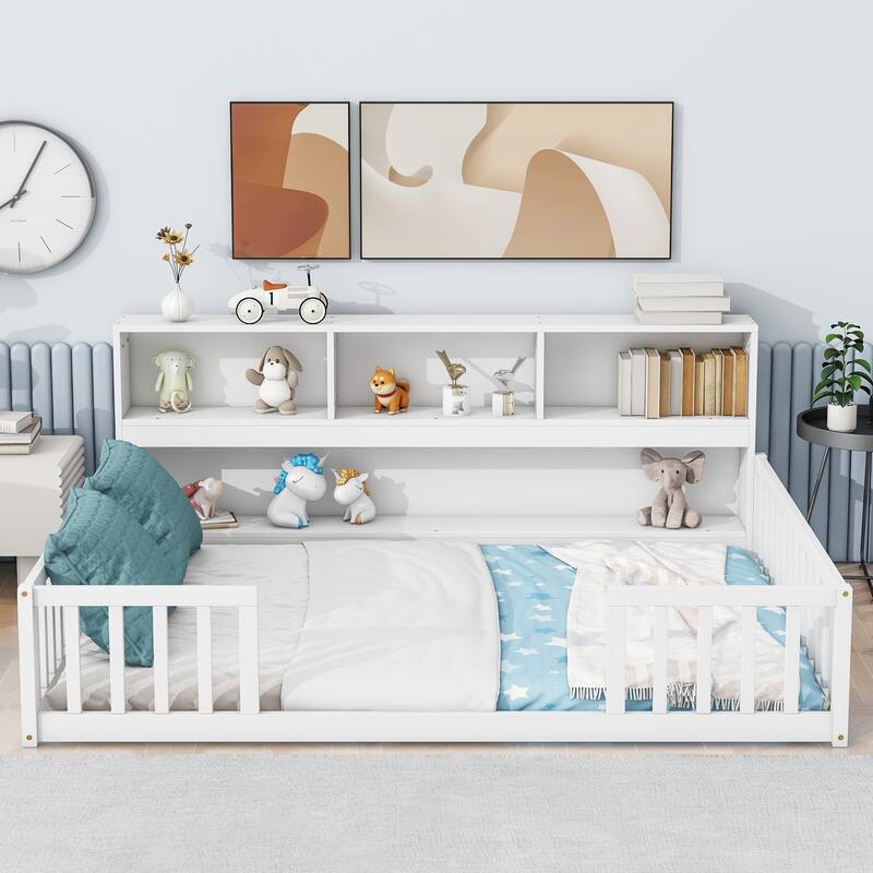 Pine Floor Bed with Bookcase & Guardrails - Full - White