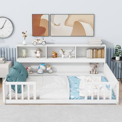 Pine Floor Bed with Bookcase & Guardrails