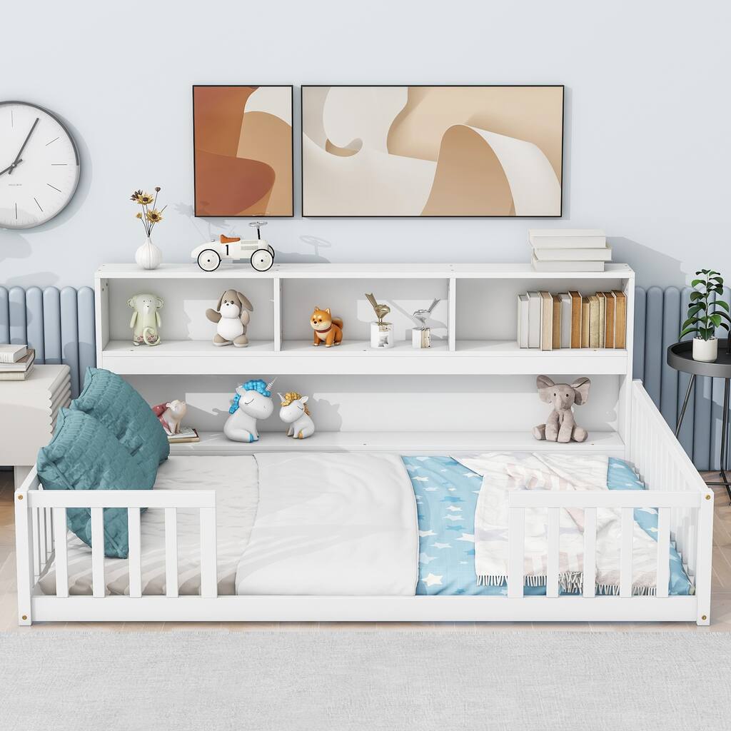 White Full Size Pine Wood Floor Bed with Bedside Bookcase and Guardrails