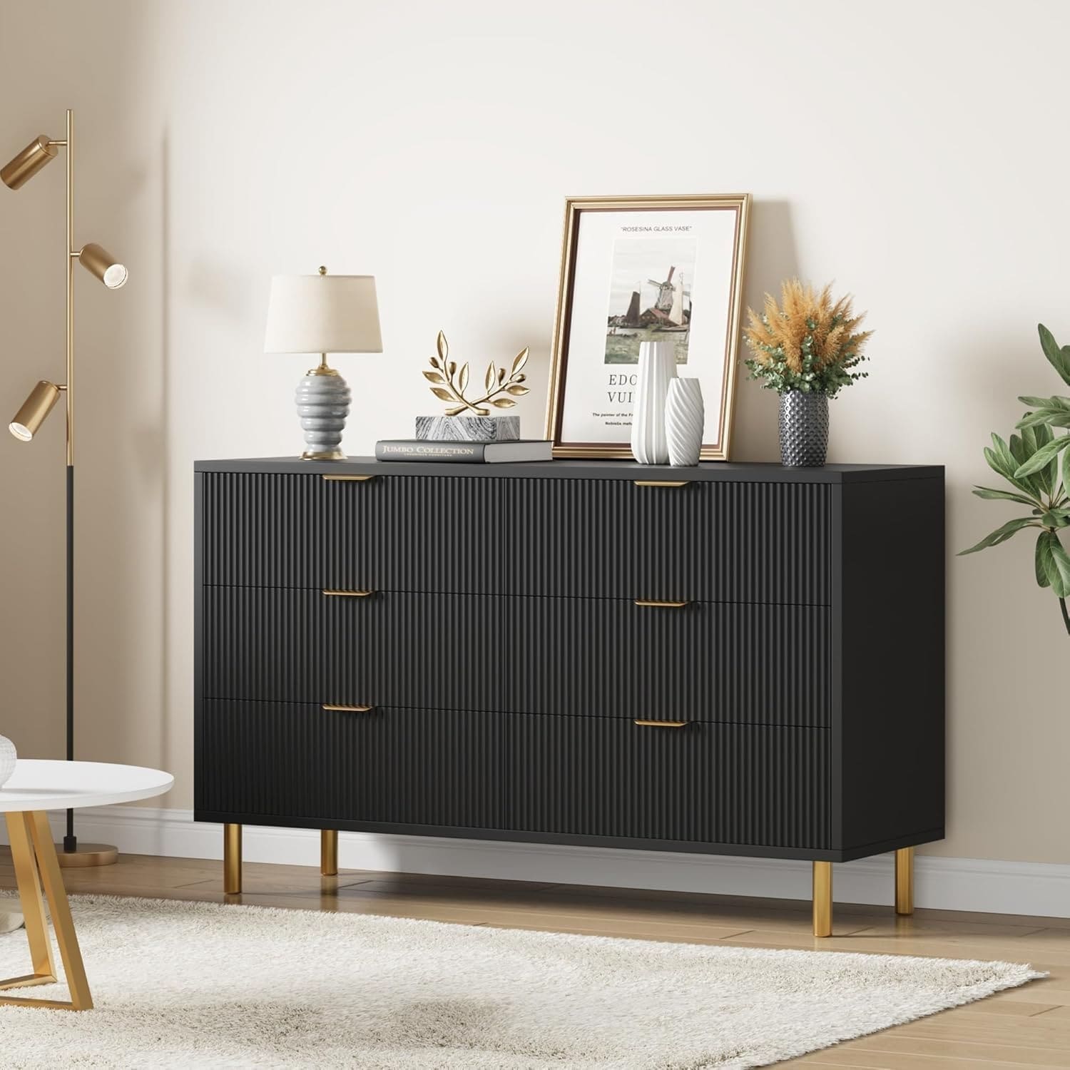 6-Drawer Modern Black Dresser, Gold Handle, Wide Double Chest, Large Drawer Storage Organizer for Bedroom, Living Room, Entryway