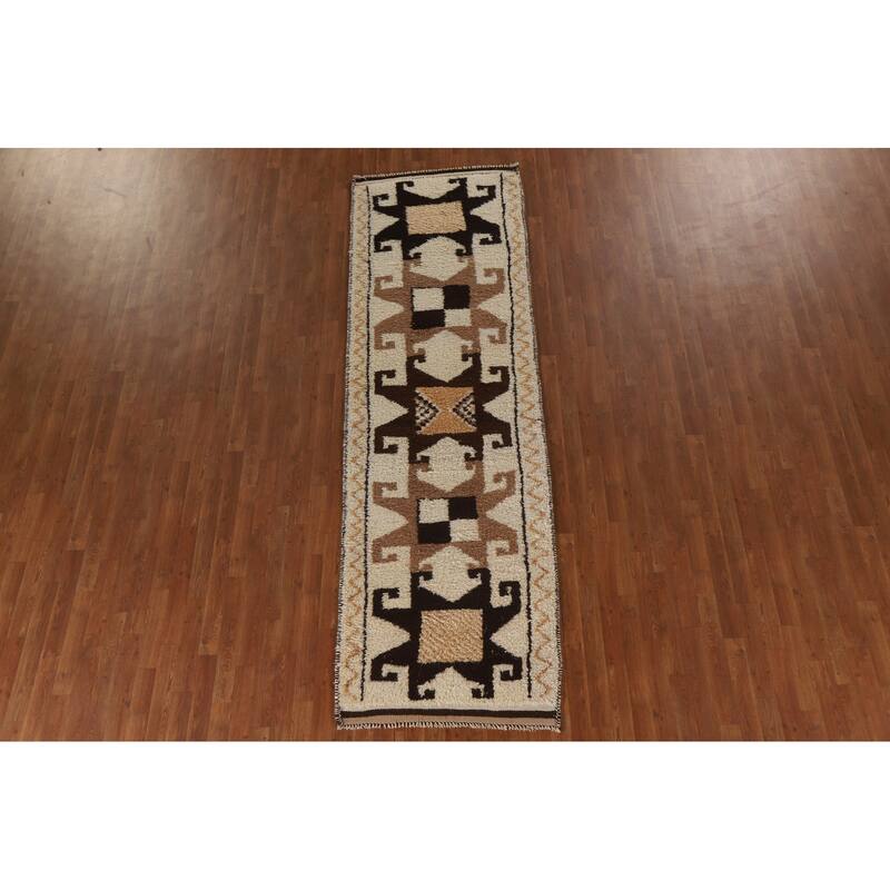 Vegetable Dye Kurdish Runner Rug Handmade Turkish Wool Carpet - 3'4"x 10'7"