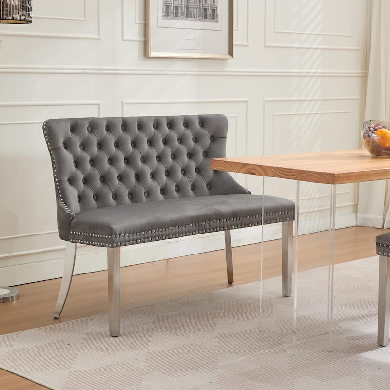 Velvet Double Dining Loveseat Bench, 2-Seat Tufted Bench w/Handmade Buttons, Wing Back, Gold-Plated Steel Legs, Single Pack - Grey+Silver