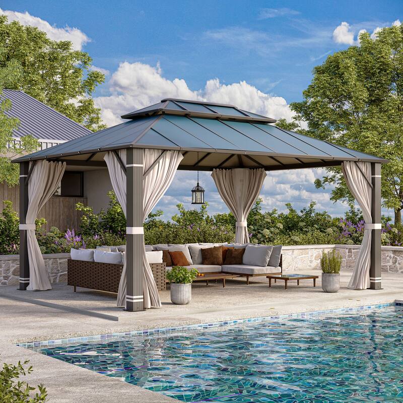 EROMMY Hardtop Gazebo, Waterproof Aluminum Pavilion with Netting & Curtains for Patio, Garden - 12'x16' - Dusty Blue