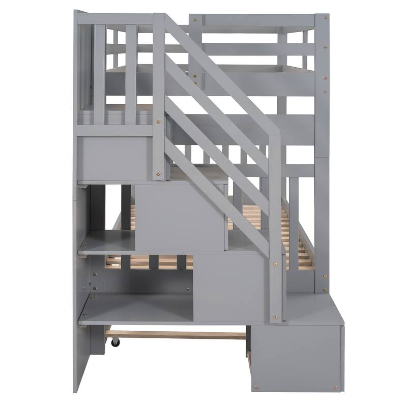 Twin Over Full Bunk Bed with Twin Trundle and Storage Stairs, Space-Saving Design, No Box Spring Needed