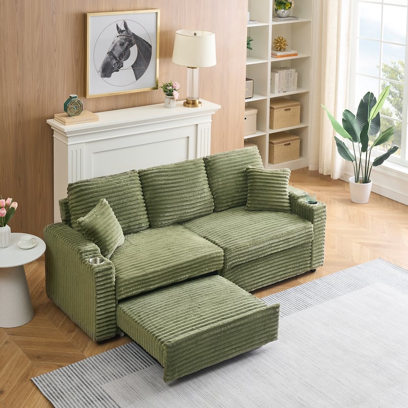 80-inch Green Corduroy Two-in-one Folding Sofa with Cup Holder and Pillow