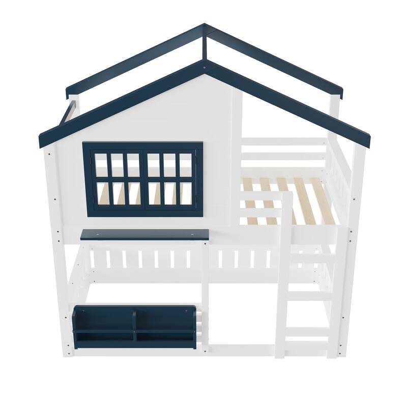 Full/Twin Bunk Bed with Bookshelf, House Design Loft Bed with Safety Fencing, High-Quality Kids Bed Frame