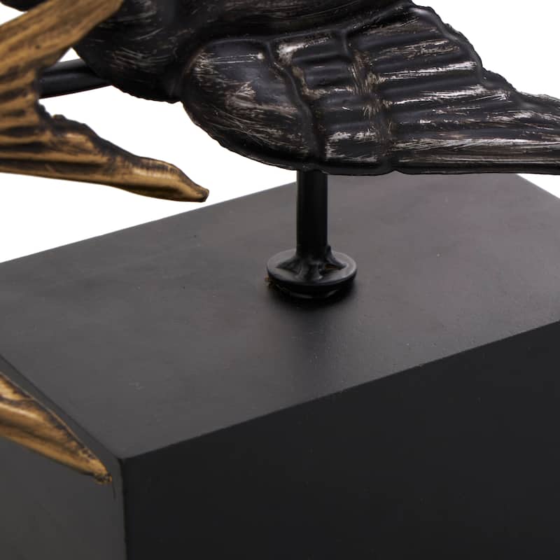 Metal Bird Metallic Flying Sculpture with Black Block Base - Black - Roche River Decor - 4"W x 20"L x 19"H