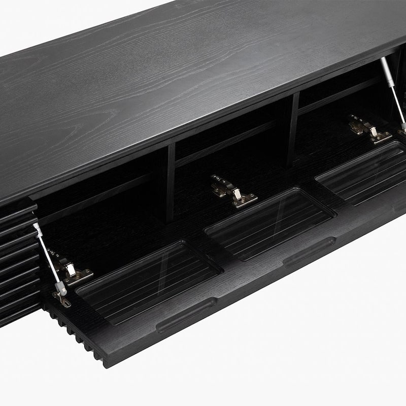 Minimalist TV Stand with Drawers，Solid Wood Media Console with Cabinets, Flip-down Door, Walnut Veneer, Fully-Assembled