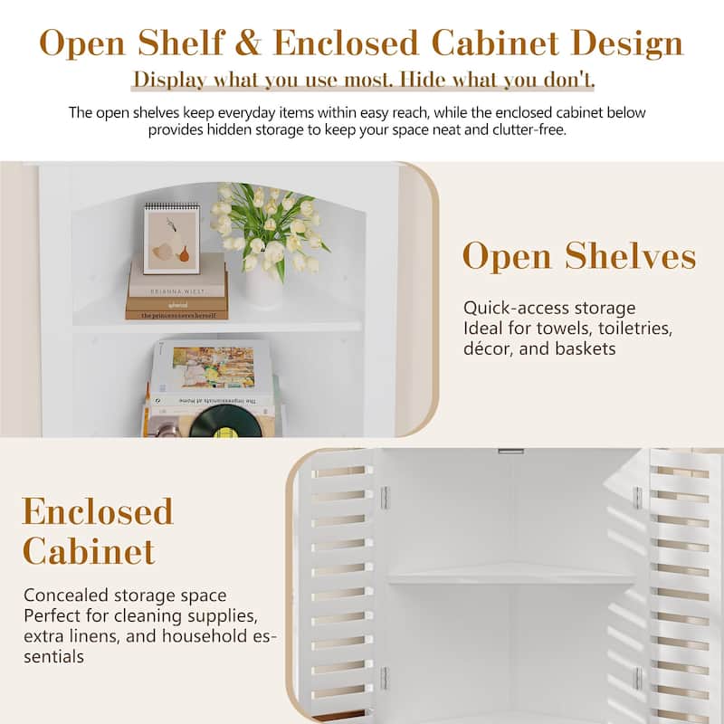 VECELO 68.5" Tall Triangle Corner Bookcase with Adjustable Open Shelves Magnetic Shutter Doors Storage Cabinet for Living Room