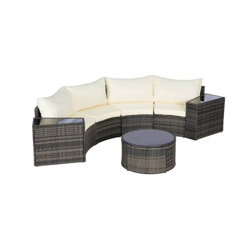 7-Piece Outdoor Patio Half-Moon Sectional Sofa Set with Tempered Glass Coffee Table