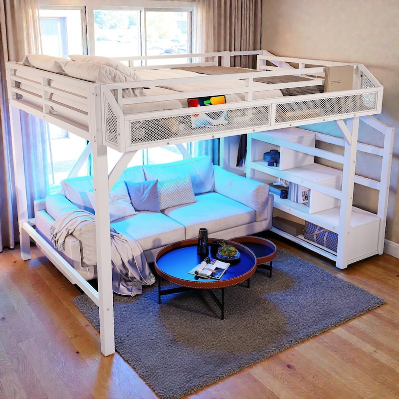 Metal Loft Bed with Storage Stairs, Wardrobe and Shelves, USB Ports and LED Lights, Noise Reduced Frame