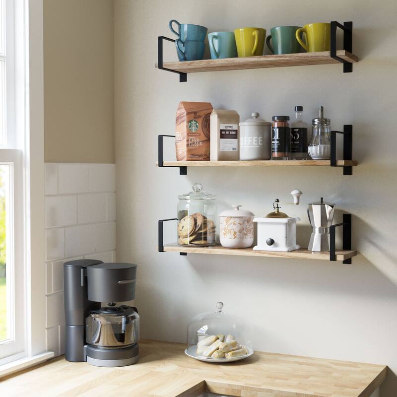 Wallniture Toledo 24" Wood Floating Shelves, Rustic Floating Bookshelf Set of 3, Black Bracket