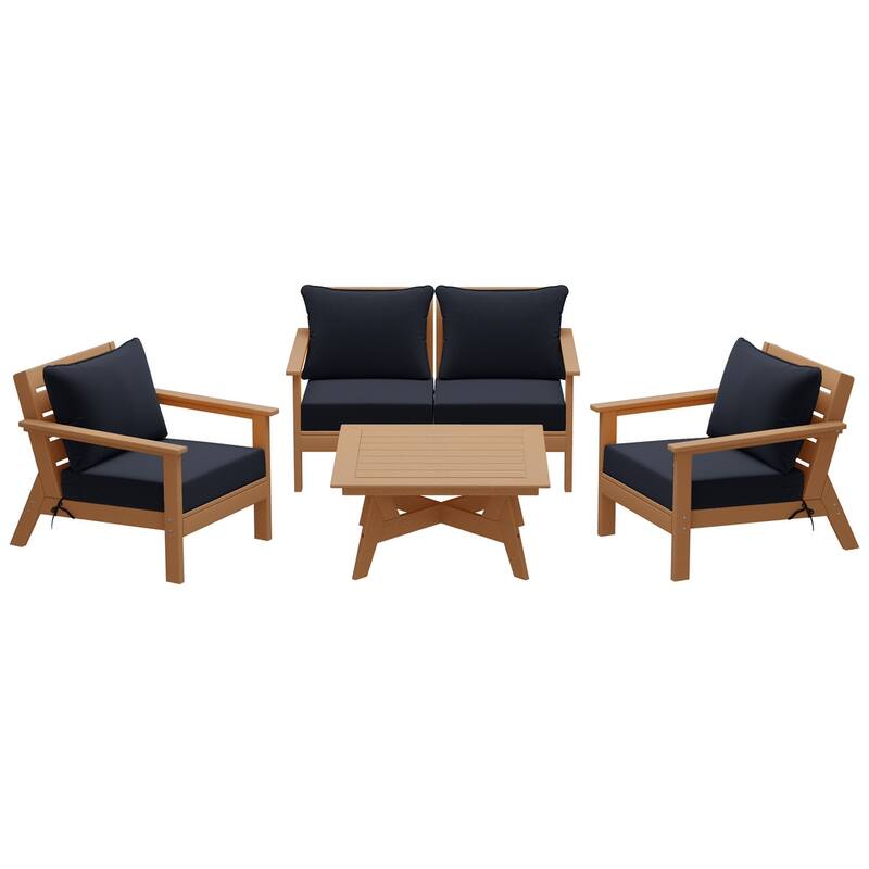 Birchwood All Weather HDPE Outdoor Patio Teak Deep Seating Conversation Set (5-Piece Set)