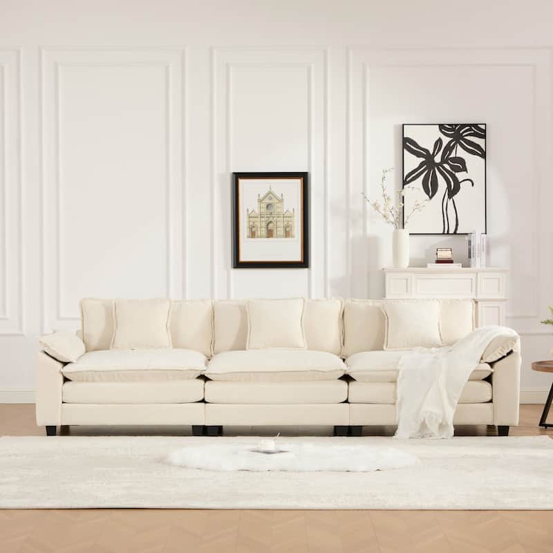 Modular Deep Seat Sectional Sofa 3 Seater Chenille Upholstered Couch - Beige