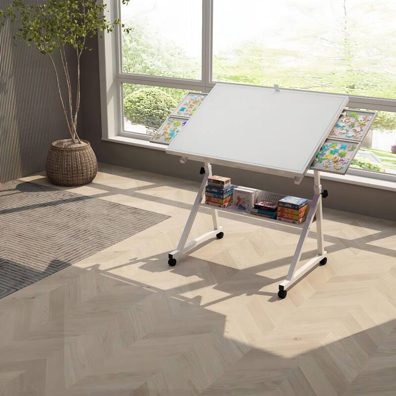 Tiltable Puzzle Table with Trays and Lockable Wheelsa