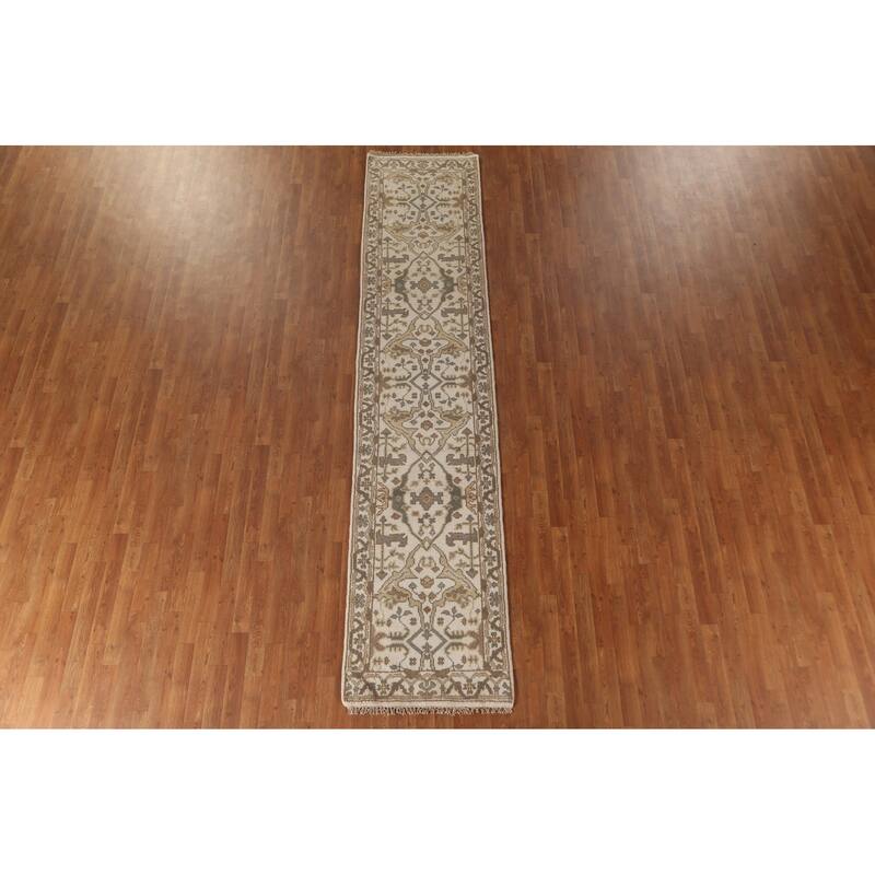 All-Over Ivory Oushak Oriental Runner Rug Hand-Knotted Wool Carpet - 2'6"x 11'9"