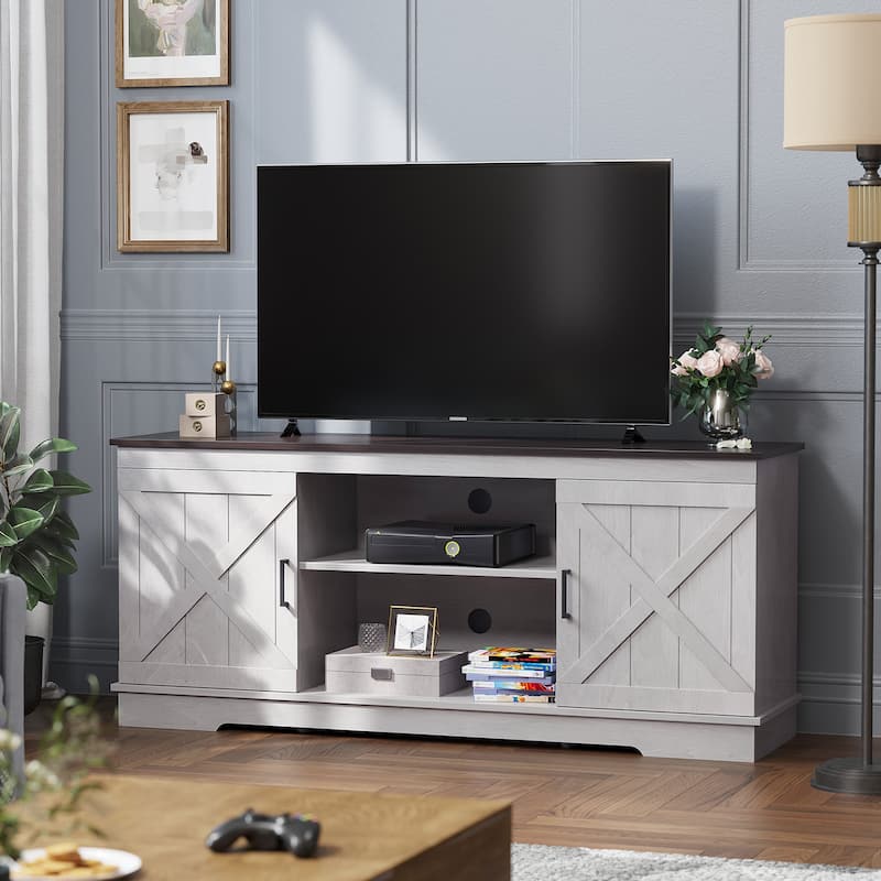 Evelynn Wood Farmhouse TV Stand for 65 Inch TV Sliding Barn Doors Grey White - Brown Top / Grey White