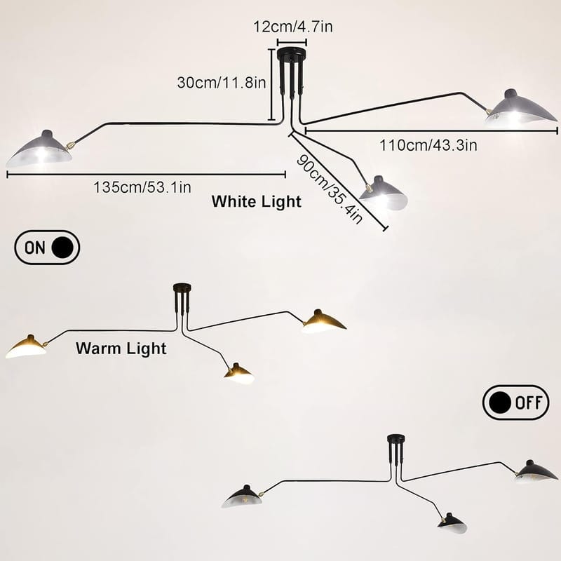 Mid-Century Chandelier, Matt Black Finish with Adjustable 3-Arms Large Pendant Lighting Fixture