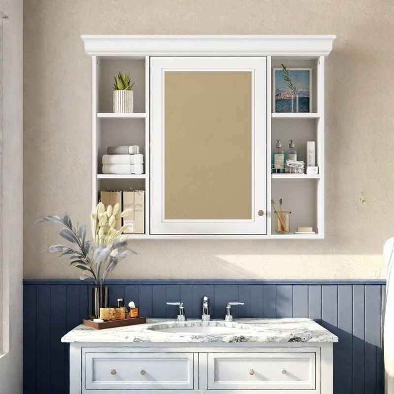 35" Wall-Mounted Bathroom Mirror Cabinet with Storage Shelves, Mirror Door, Multi-Layer MDF Bathroom Organizer