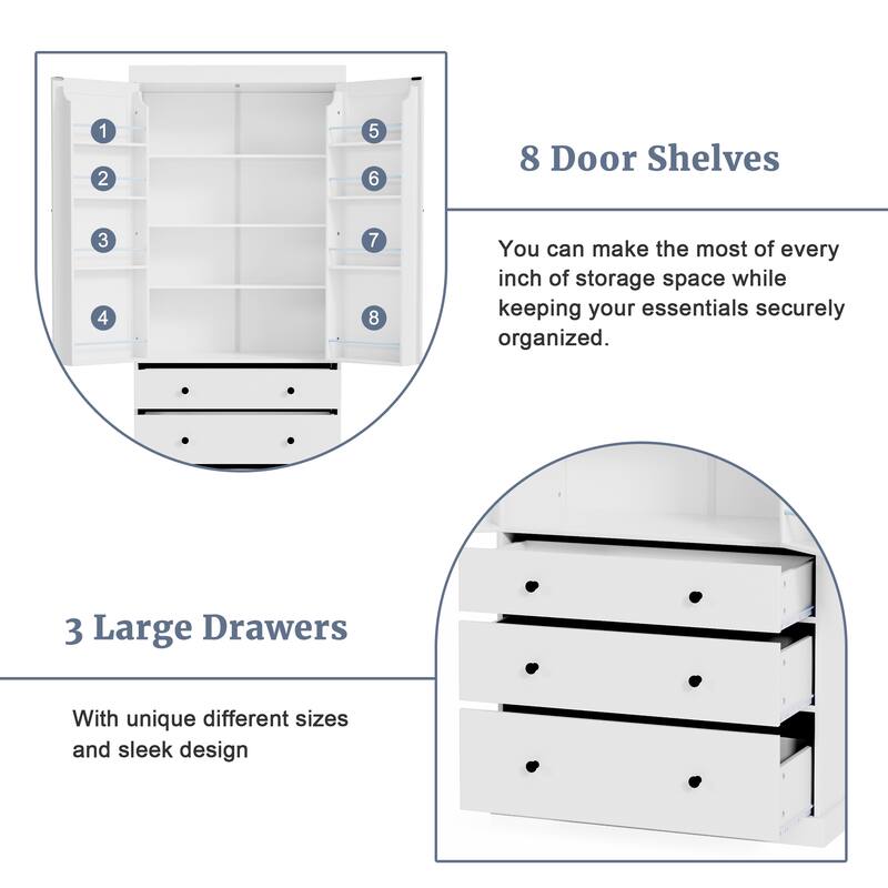 Tall Farmhouse Pantry with 3 Drawers, Adjustable Shelves & Door Storage for Organized Kitchen Space