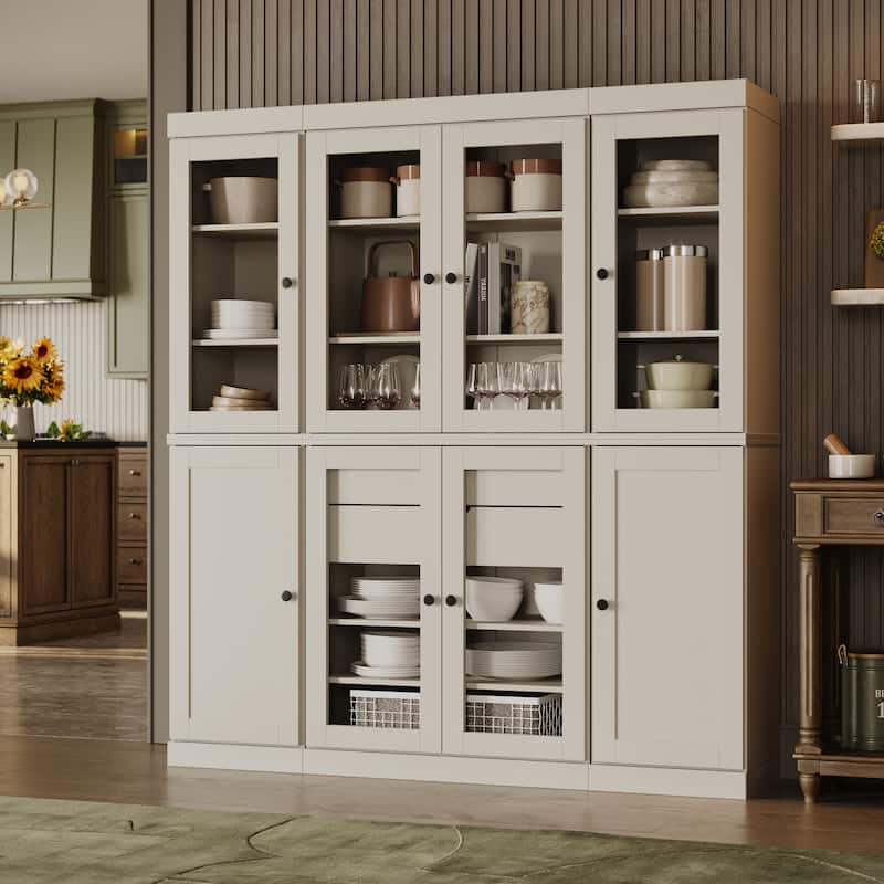 Palace Imports 100% Solid Wood Pantry China Cabinet, Clear Glass & Shaker Doors, 2 Drawers, 65" Wide, 71.5" Tall - Off White