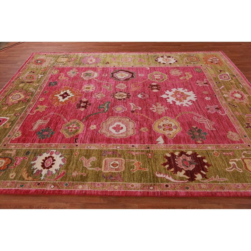 Hand Knotted Oriental 100% Wool Carpet Transitional All-Over Pink Oushak Area Rug - 9' 8'' X 8' 0''