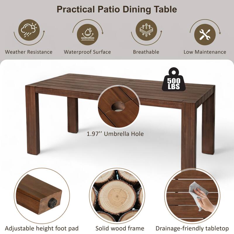 7-Piece Outdoor Patio Dining Set Wood Rectangular Dining Table and 6 Arm Chairs with Parasol Hole and Removable Cushions