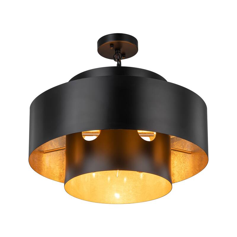 7-Light Modern Vintage Black Oversized Gold Leaf Drum Pendant Light/Kitchen Island Lighting - 19.6 in. W x 11.8 in. H