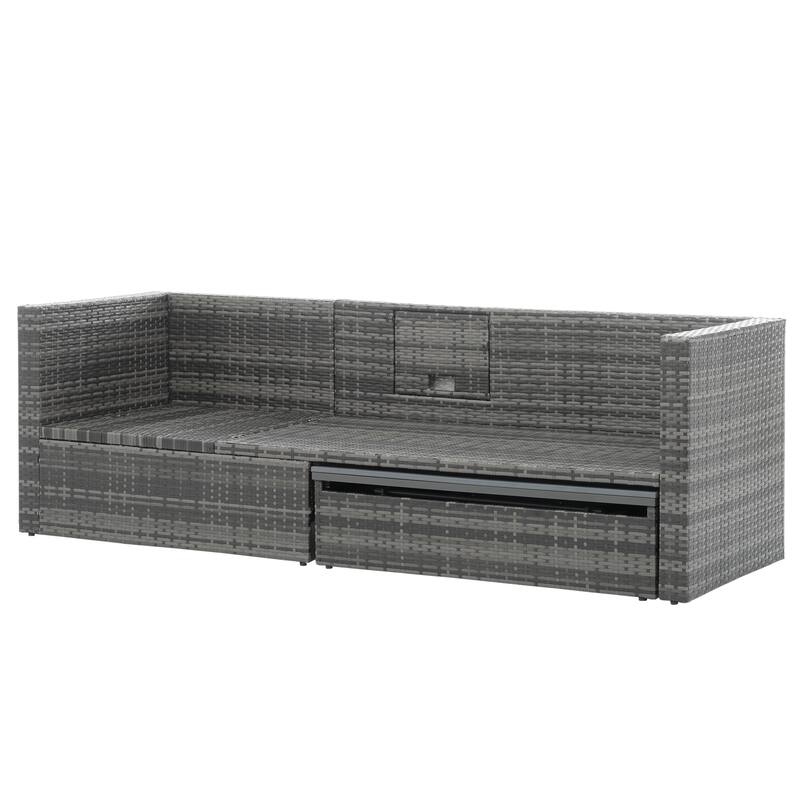 5 Piece Outdoor PE Wicker Sofa Set, Patio Conversation Furniture Set with Lift TOP Coffee Table and Lounger Sofa