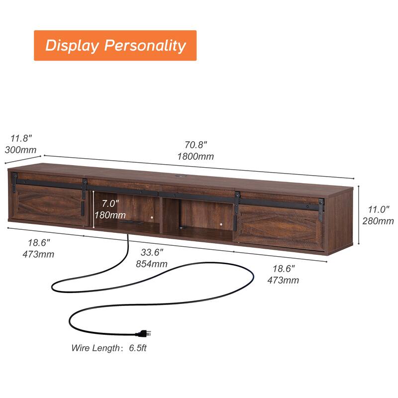 Sliding Barn Door Floating TV Stand with Charging Station