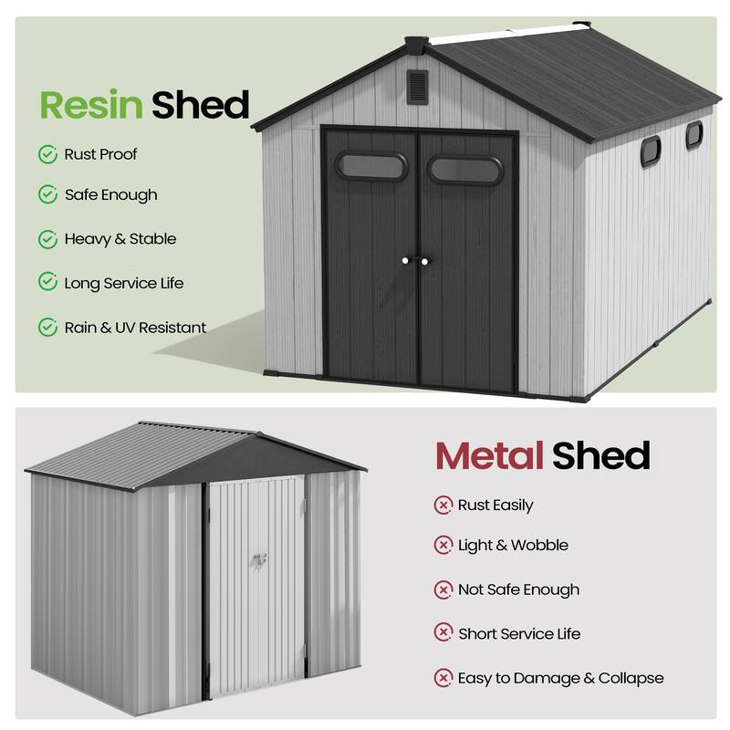 VredHom 8X8/8X10/8X12 FT All-Weather Outdoor Resin Storage Shed with Windows Floor for Patio Furniture and Tools