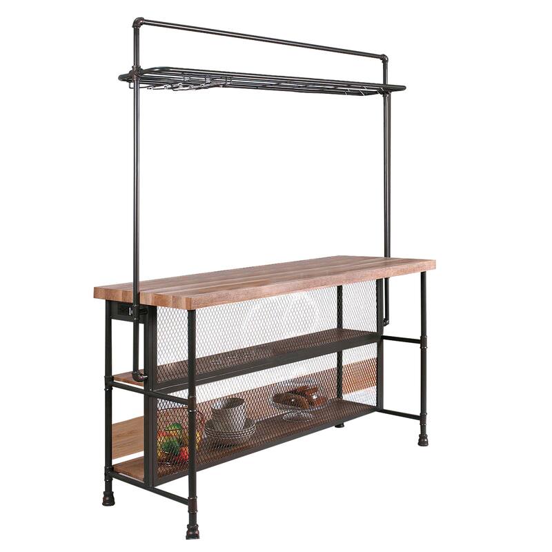 59 Inch Bar Table with Hanging Rack, Sand Black Metal, Natural Brown Wood