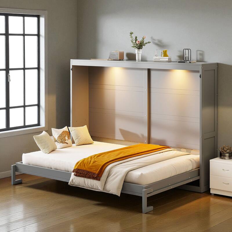 Modern Queen Size Murphy Bed with LED Lights, Wall Bed Cabinet with Wooden Slats, Space-Saving Foldable Design