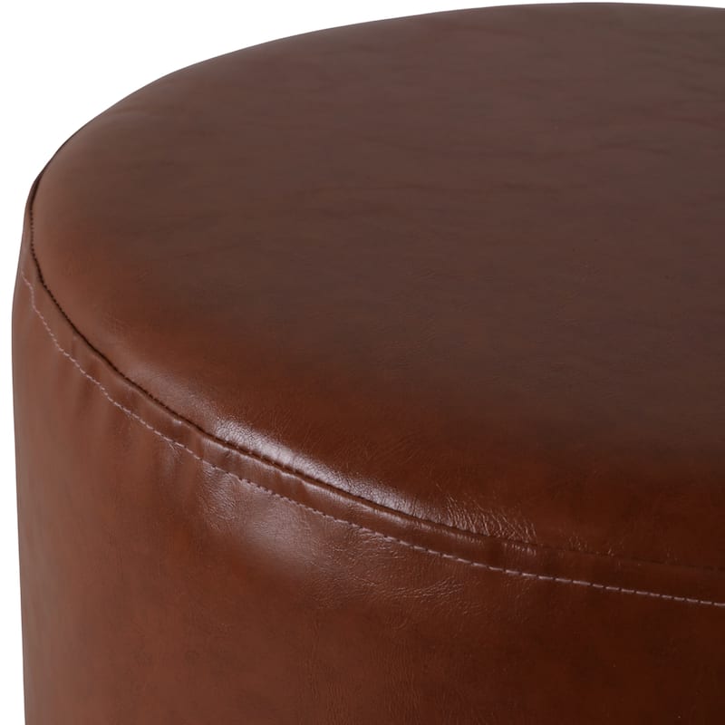 Leather and Pine Wood Ottoman Round Design Seating Accent - 18" Brown