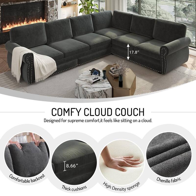 Homy Casa L-Shaped Sectional Sofa w/ Pull-Out Bed, Chenille Sleeper Couch w/ Nailhead Trim & Rolled Arm, Oversize