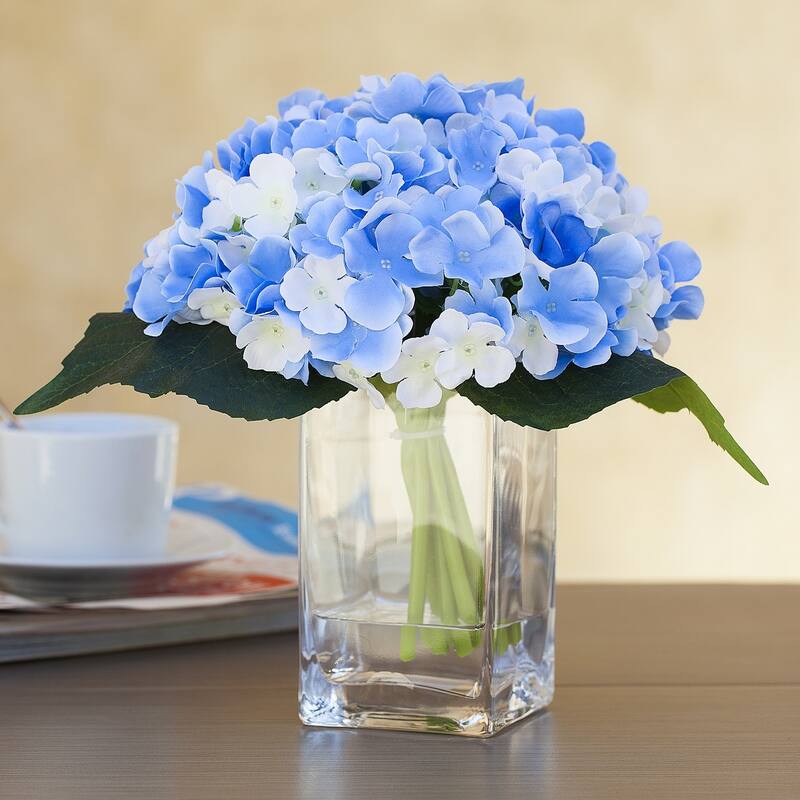 Enova Home Artificial Fake Hydrangea Silk Flowers Arrangement in Clear Glass Vase with Faux Water for Home Wedding Decoration