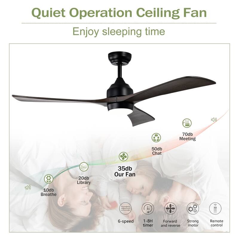 Sofucor 52 Inch Quiet Ceiling Fan with 3 Solid Wood Blades,Light & Remote,Reversible Ceiling Fan,for Patio Living Room,Bedroom