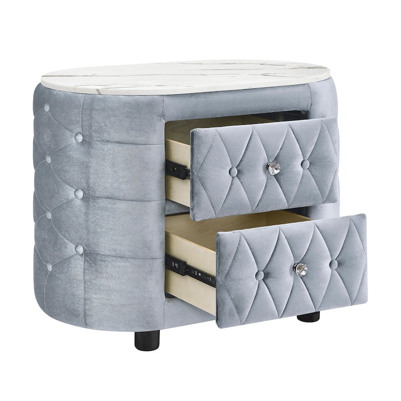 1pc Black Nightstand Upholstery Fabric Marble Top Two Storage Drawers Wooden Bedroom Furniture Oval Black