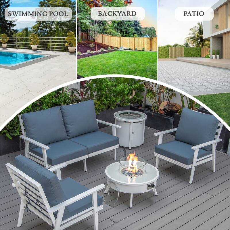 Walbrooke Modern 5-Piece Outdoor Aluminum Conversation Set of 3 Polyester Chairs, Fire Pit Table with Lid and Tank Holder