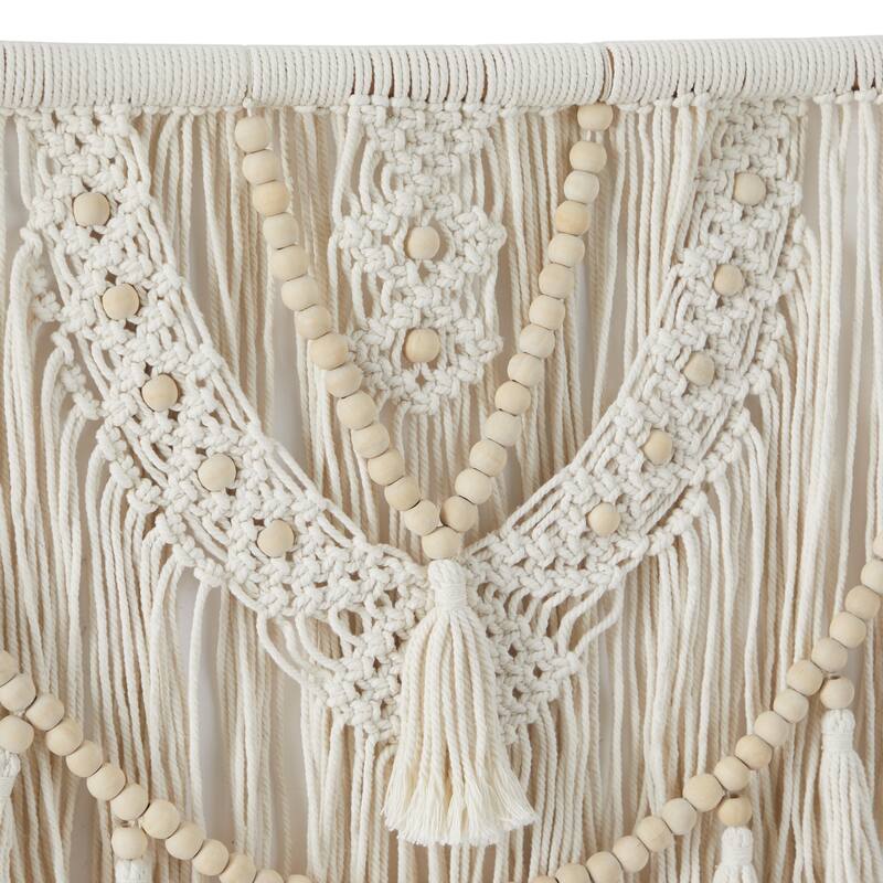 Cotton Fabric Macrame Handmade Woven Home Wall Decor with Brown Beaded Accents - White - Roche River Decor