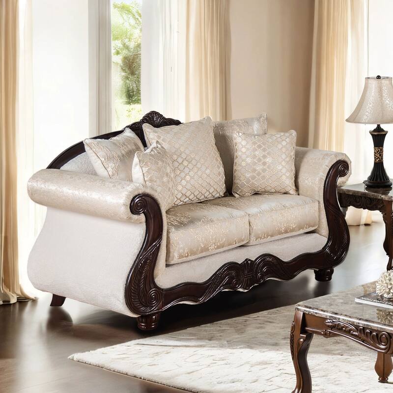 Furniture of America Omira USA Made Traditional 2-Seater Beige and Dark Cherry Loveseat - Beige and Dark Cherry