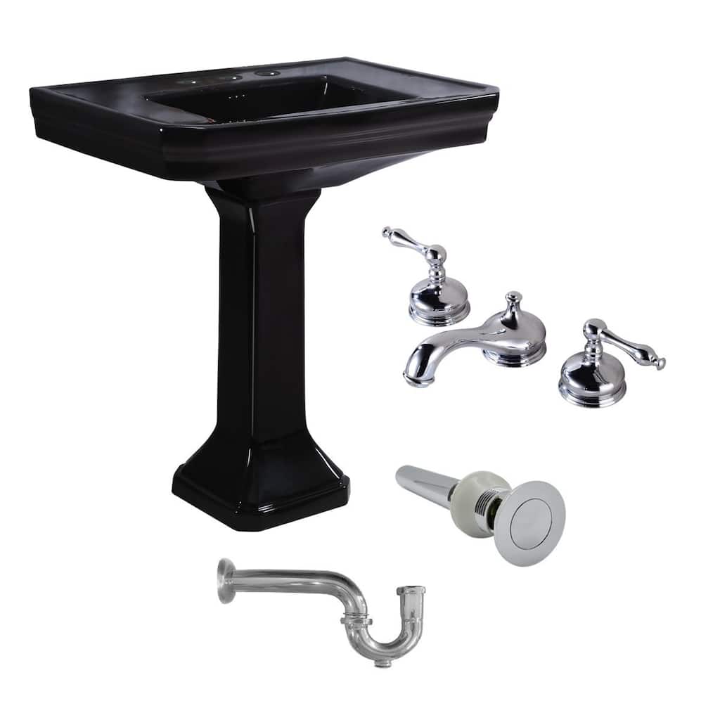 31" Black Pedestal Bathroom Sink with Chrome 8" Widespread Faucet and P-Trap