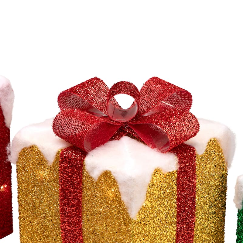 3 LED Green, Gold Red Snowy Gift Boxes Outdoor Christmas Decorations