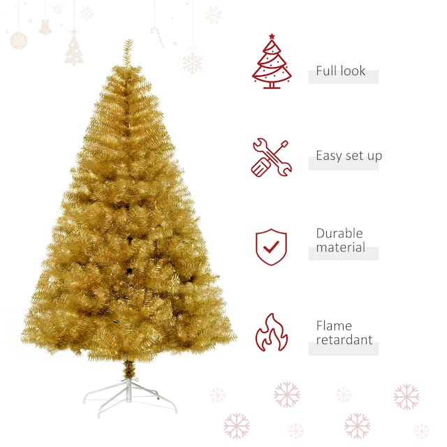 HOMCOM 6' Tall Unlit Full Fir Artificial Christmas Tree with Realistic Branches, Gold
