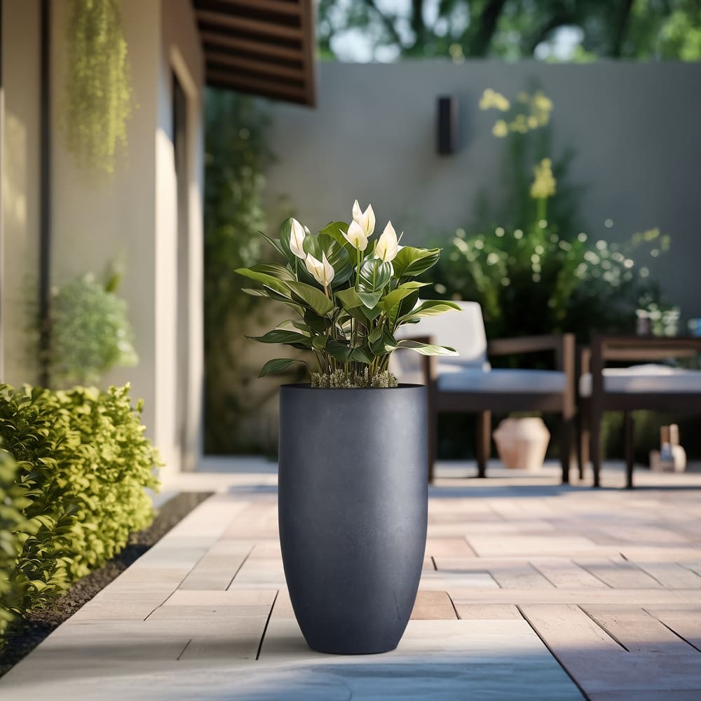 Textured Granite Gray Tall Concrete Round Plant Pots / Large Indoor and Outdoor flower Planters (13.5 Inch x 24.5 Inch)