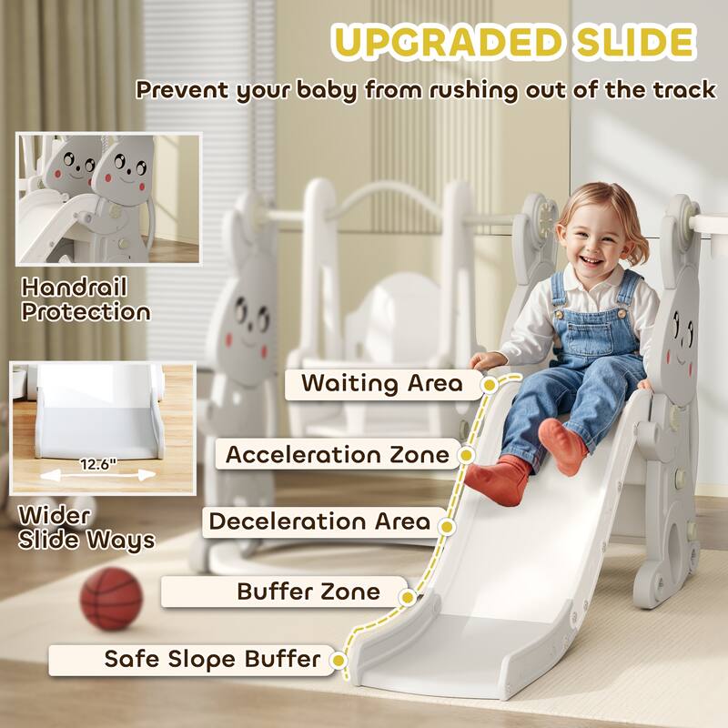 Gray 4 in 1 Kids Playset with Slide Swing Climber and Basketball Hoop for Toddlers 18 to 48 Months - 58.1" L x 63" W x 42.1" H