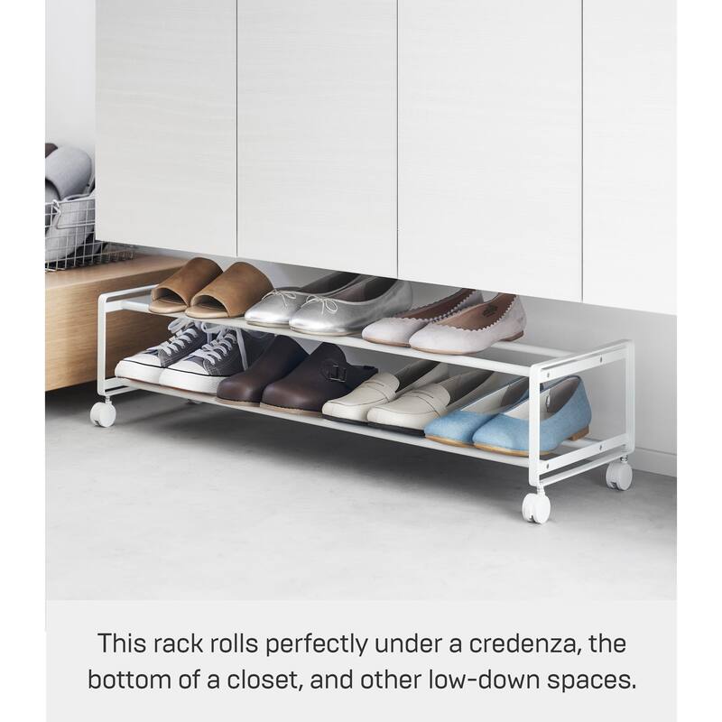 Yamazaki Home Two-Tier Rolling Shoe Rack, Steel - L 10.83 x W 32.87 x H 8.15 inches